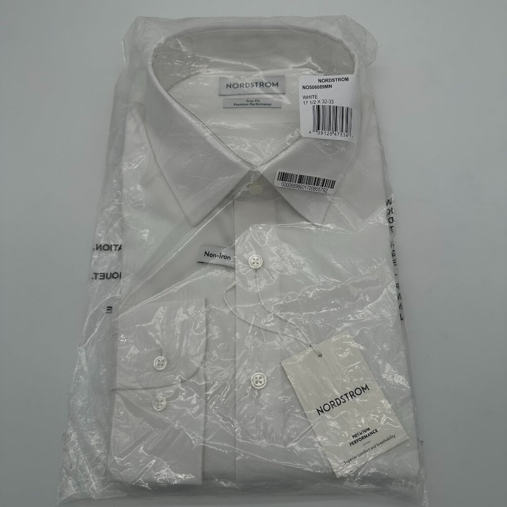 Nordstrom Trim Fit Solid Premium Performance Dress Shirt, Size 17.5/32-33, White